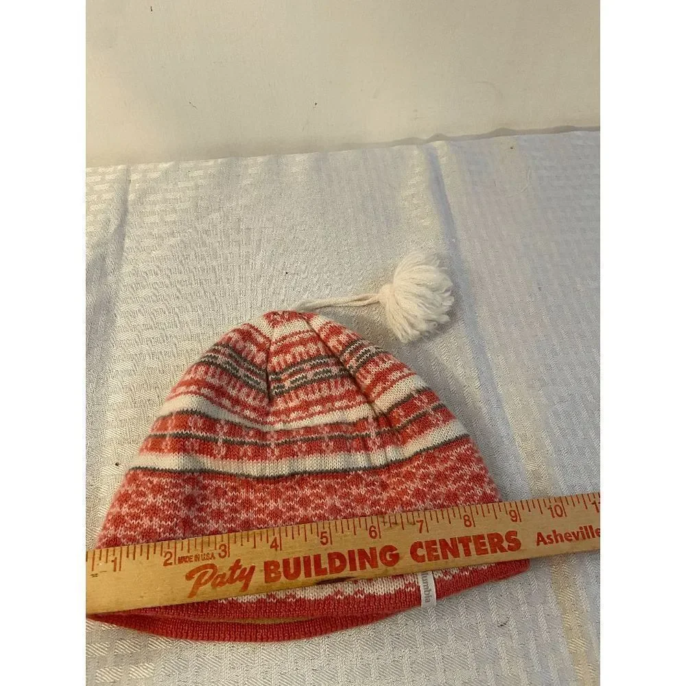 Columbia Beanie‎ knit Hat Pink stripes tassal 7x9